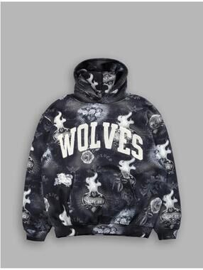 Black Graphic Wolves Hoodie with Floral and Flame Design